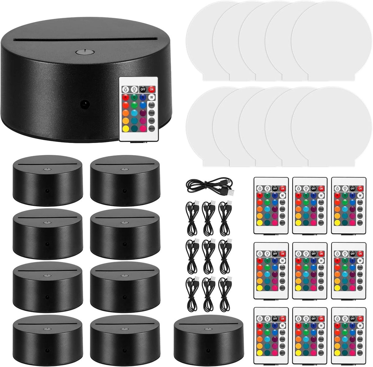 Set van 10 Acryl Lamp Voeten met Afstandsbediening, Inclusief Rond Acryl Platen, Lampenbasis en USB-kabels voor Creatieve Verlichting