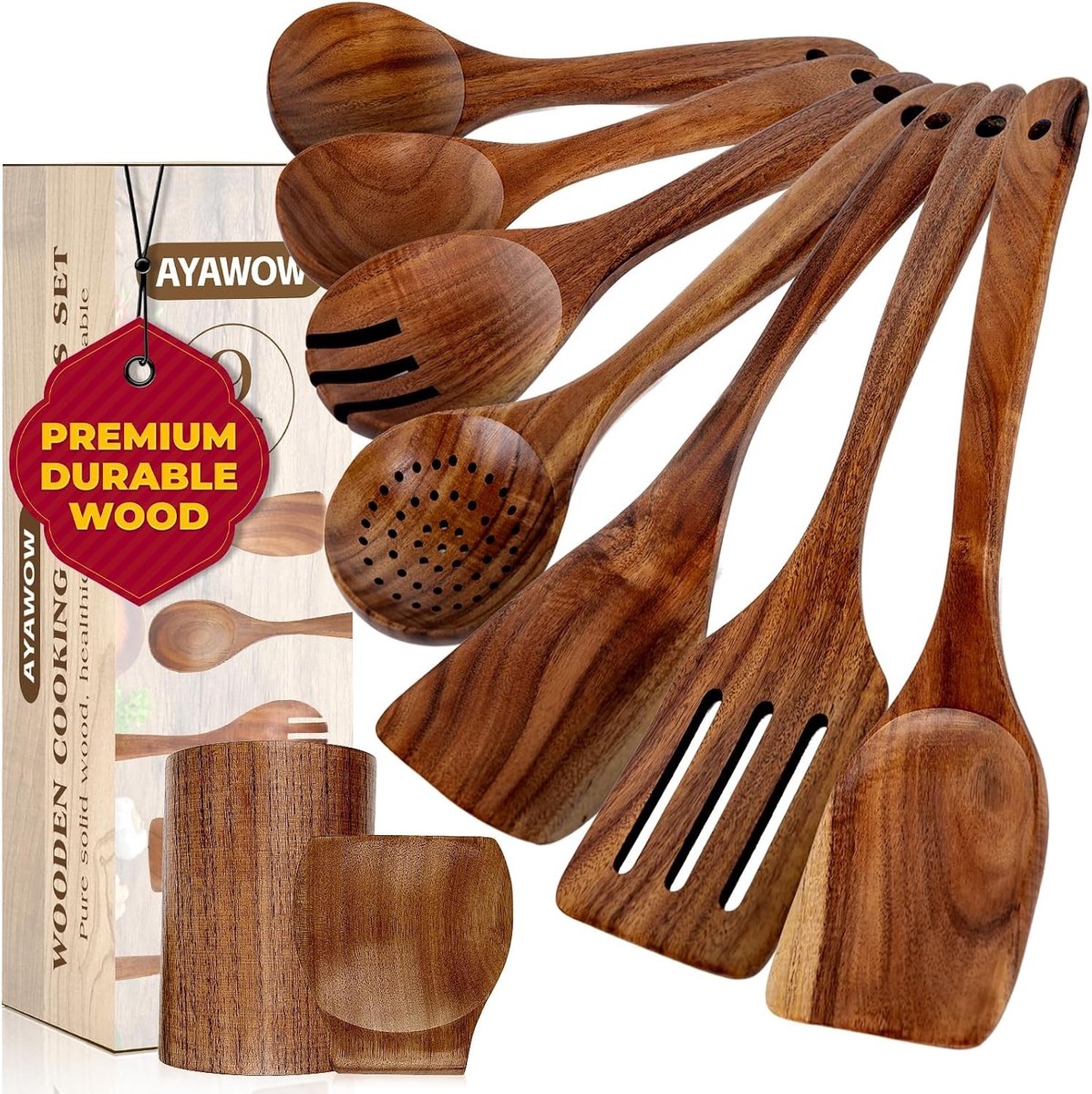 Houten keukengerei set - Teakhout - 9-delig - Inclusief houder en lepelsteun - Voor koken en roeren