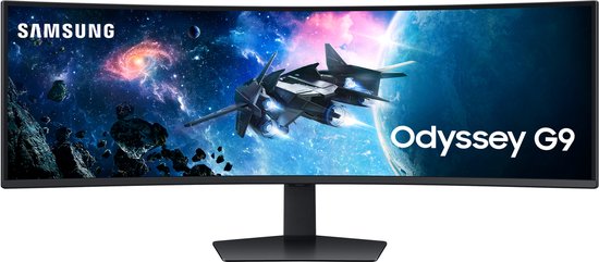 Samsung Odyssey G9 gebogen monitor met ruimteachtergrond en ruimteschip.