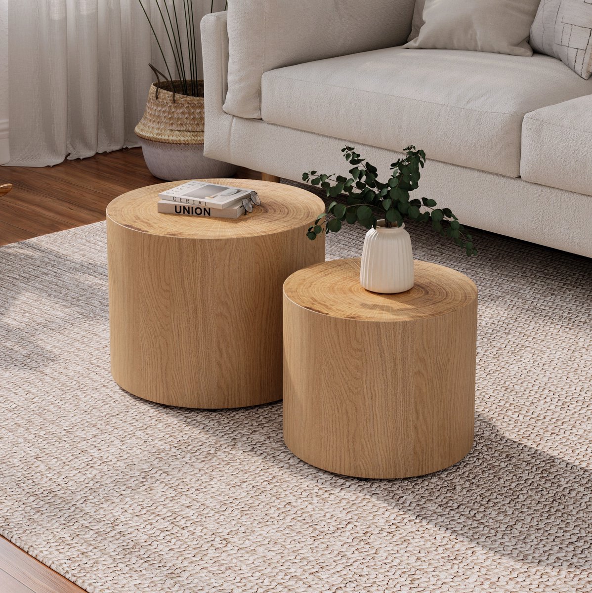 MEUNIQ Salontafel set van 2 – ronde nesting salontafels Ø 48 en Ø 38 cm, cilindervormig MDF met natuurlijke houtfineer, voor woonkamer, slaapkamer of balkon, naturel Naturel hout