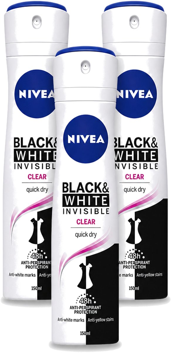 3 x Nivea - Deospray - Invisible Black & White - 48 Uur Lange Bescherming - 150 ml - Bulkverpakking - 3 stuks