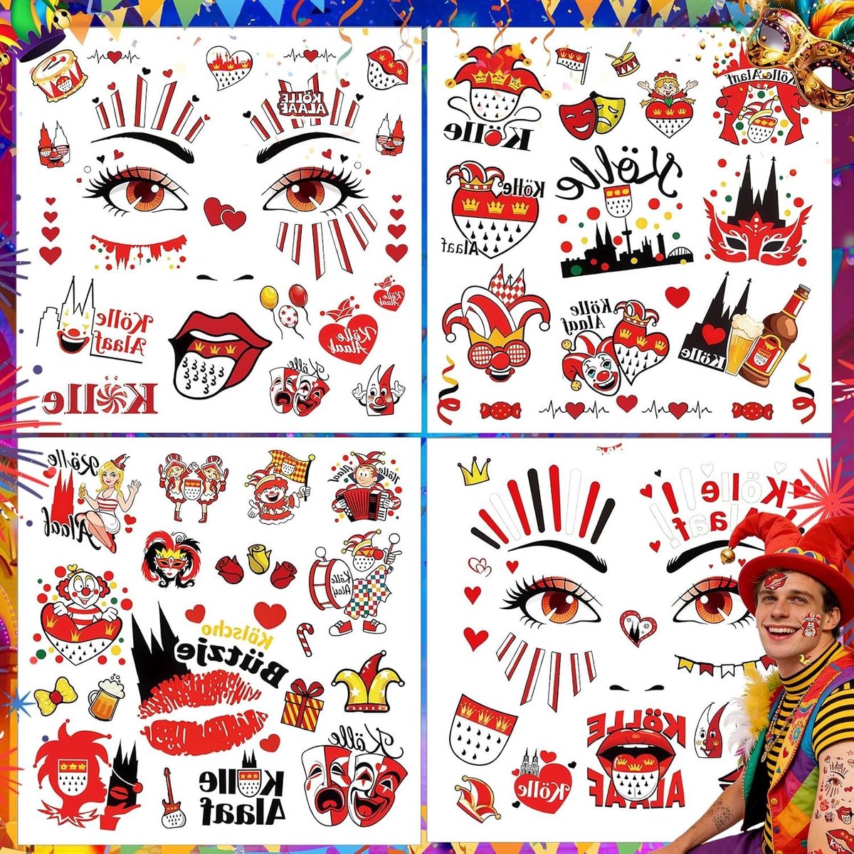 4-delige nep tatoeages in rood en wit, hippie gezichtstatoeages voor carnaval, tijdelijke stickers voor feestaccessoires en kostuums, ideaal voor themafeesten en cosplay evenementen