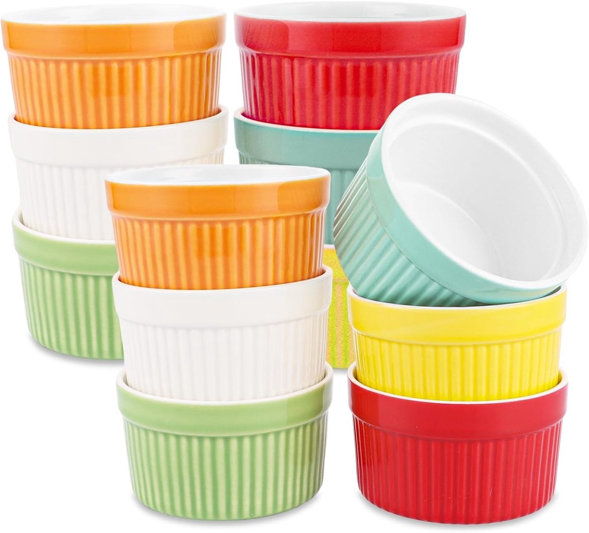 Set van 12 Ovenbestendige Soufflé Mallen van 200 ml voor Crème Brûlée, Desserts en Muffins in Mini Multikleur Porselein