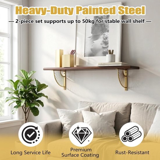 Set van 2 Gouden Muurplank Steunen - Metalen Plankdragers voor Keuken, Woonkamer en Slaapkamer Decoratie — afbeelding 4