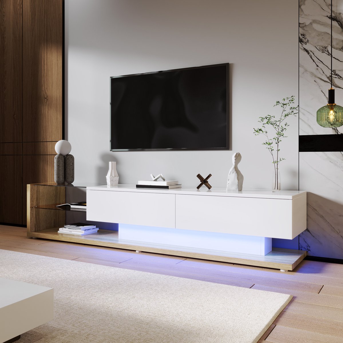 MEUNIQ TV-meubel 170 cm met 2 lades, 2 glazen planken en appgestuurde LED-verlichting – hoogglans wit met houtkleur voor woonkamer Wit hoogglans