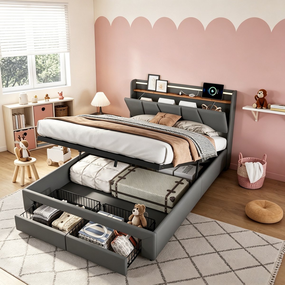 ROSAHQNDA Tweepersoonsbed 160x200 cm, gestoffeerd opbergbed met 2 lades en LED-hoofdbord, lattenbodem, linnen, donkergrijs, zonder matras