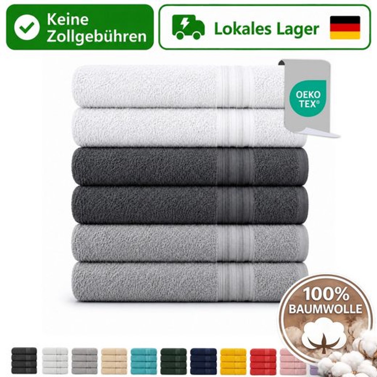 Komfortec Set van 6 Badhanddoek 100x200 cm van 100% Katoen, XXL Saunahanddoek, Grote Douchehanddoek, Zacht & Absorberend, Antraciet&Grijs&Wit