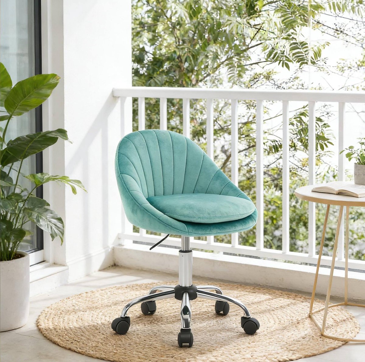 MEUNIQ Bureaustoel zonder armleuningen – fluweel, in hoogte verstelbaar 46–56 cm, 360° draaibaar met 5 wielen, metalen onderstel, turquoise