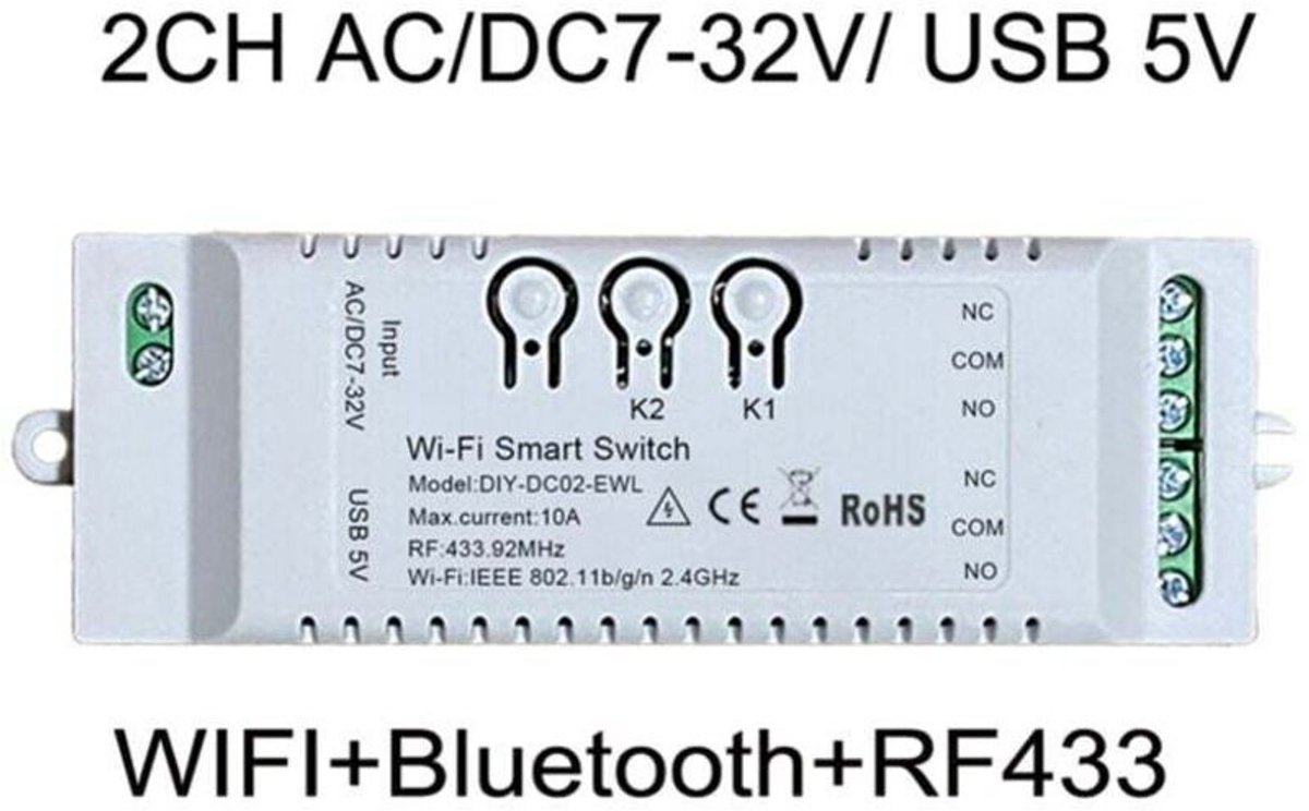 Slimme wifi-schakelaar geschikt voor twee kanalen en timer, RF433 Bluetooth-module, geschikt voor domotica, geschikt voor IFTTT.