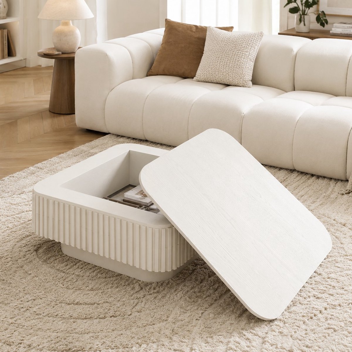 KOMHTOM 75 cm vierkante geribbelde salontafel met verborgen opbergruimte, moderne cocktailtafel met massief houten fineer, eenvoudig in 5 minuten te monteren accenttafel voor de woonkamer, slaapkamer, crème