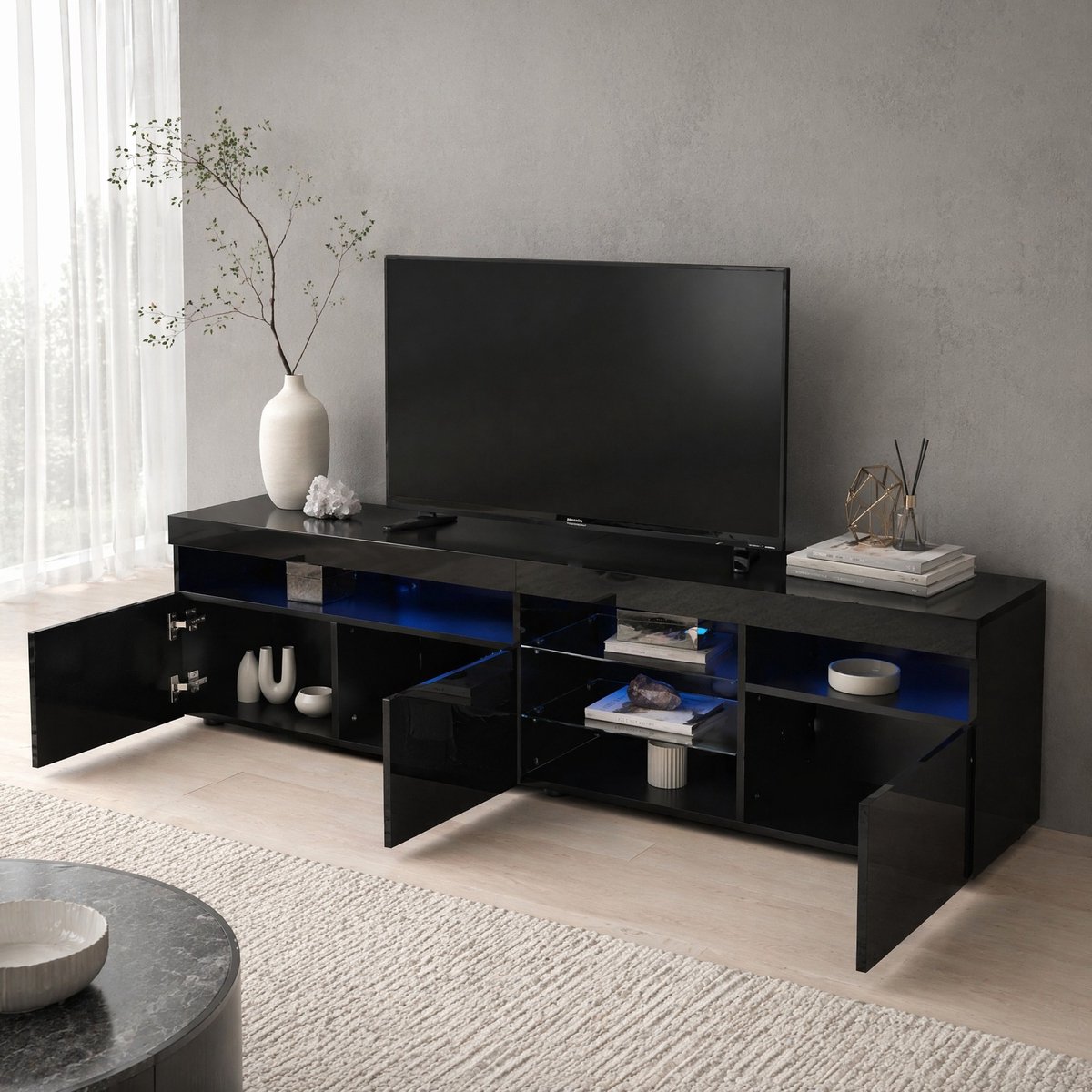MEUNIQ TV-meubel 180 cm met 3 deuren, open vakken en LED-verlichting – zwart hoogglans MDF tv-kast voor woonkamer of eetkamer