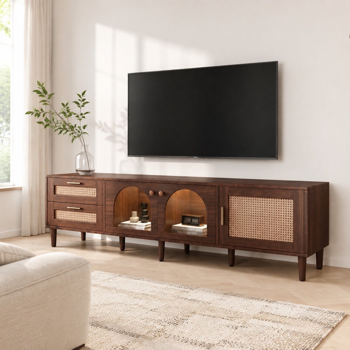 MEUNIQ TV-meubel 180 cm met 2 rotan lades, 3 deuren van glas en rotan, LED-verlichting en verstelbare poten voor de woonkamer, bruin