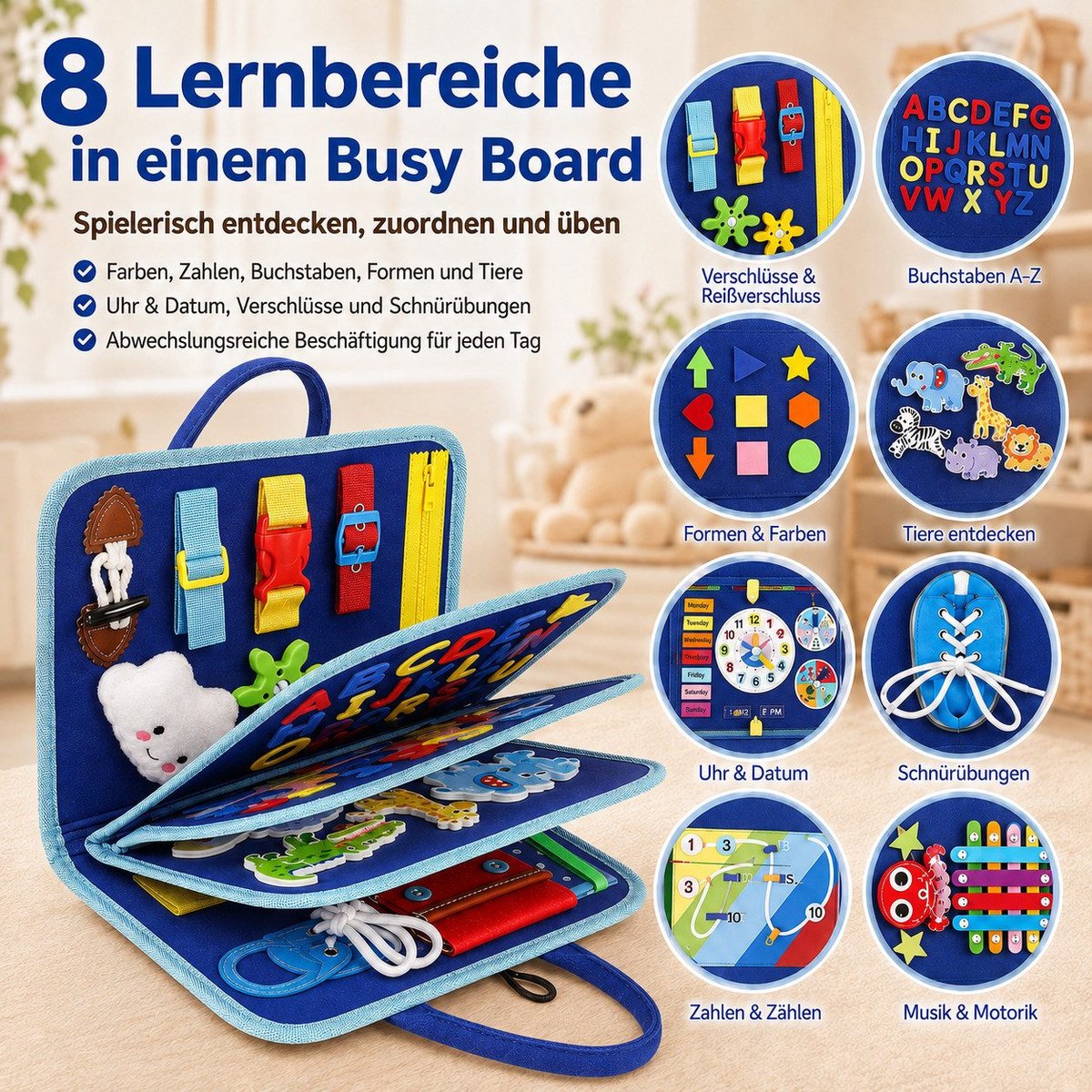 Montessori Busy Board voor Baby's vanaf 10 Maanden, Educatief Speelgoed van Vilt met Ritsen, Gespen, Cijfers, Letters, Vormen, Klok en Datum, Draagbaar Activiteitenbord voor Thuis, Auto en Reizen