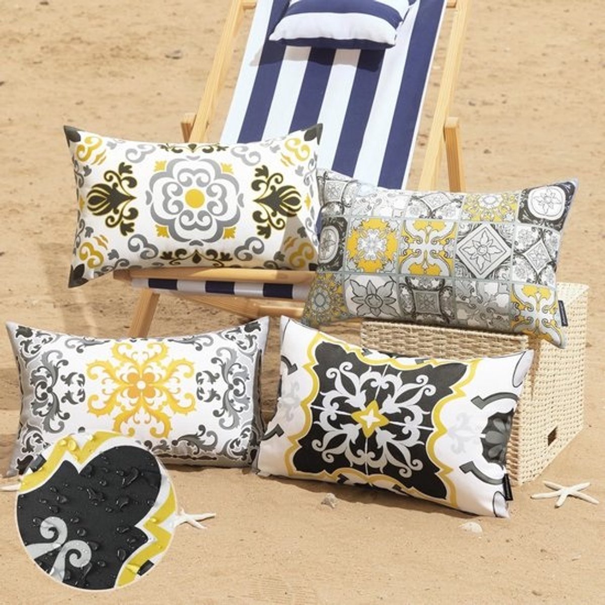 Waterdichte sierkussenslopen voor buiten - Set van 4, geometrisch boho design in grijs en geel - Ideaal voor terrasmeubels en tenten