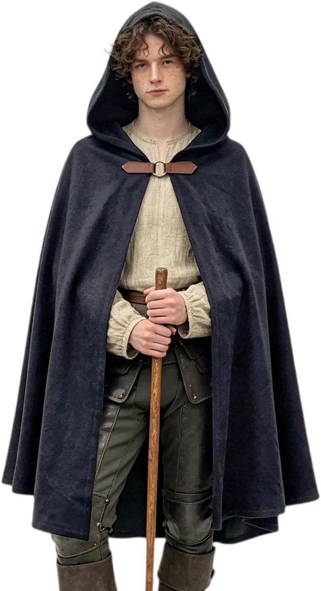Kasahara Middeleeuwse cape van fluweel, midi, met capuchon, renaissance, kostuum, heren, dames, mantel, tovenaar, fee, vampier, Viking, Halloween, carnaval, LARP, uniseks, volwassenen