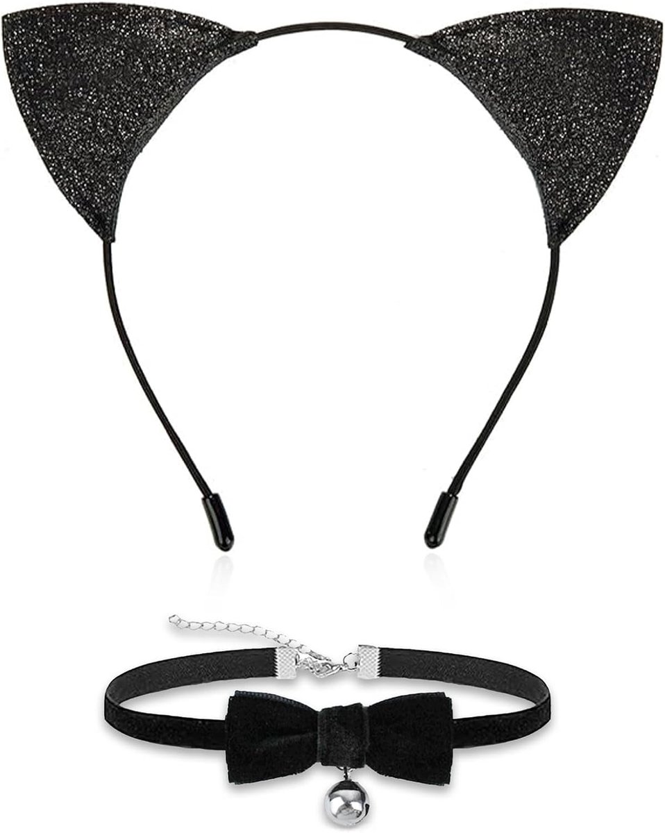 Cosplay set, kattenoren haarband met belletjes, halsketting, kattenkostuum dames, kattenoren hoofdband, kattenkostuum accessoires, voor carnaval, Halloween, cosplay party