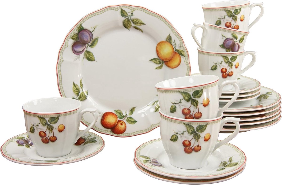 17030, Flora Orchard-serie, delige serviesset, porselein, vaatwasser- en magnetronbestendig, made in Europe, koffieservies, 18-delig