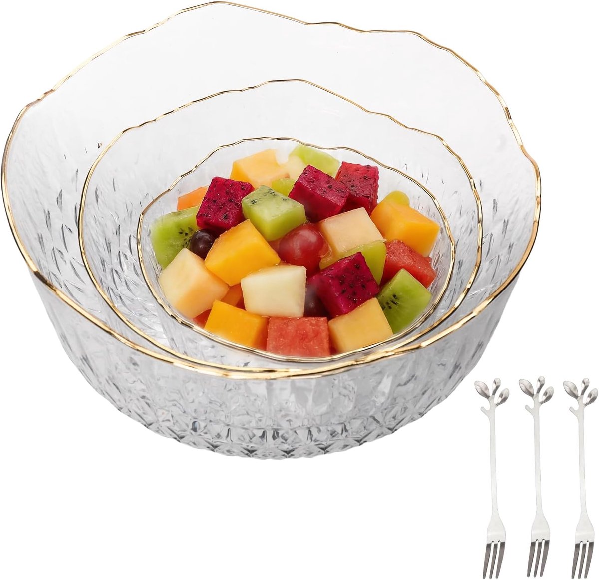 3 stuks doorzichtige slakommen van kunststof, mengschaaltjes met 3 vorken, fruit-dessertkommen, stapelbare snack, voorgerechten, schaaltjes voor salade, muesli, popcorn, keuken (3 maten)