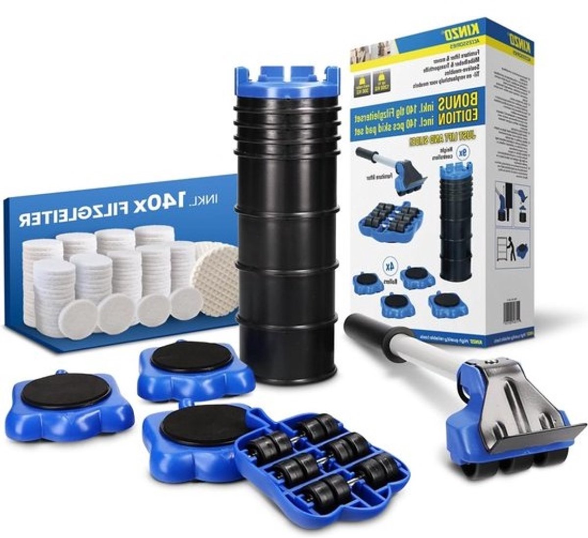 Meubelroller met 4 rollen en meubellift plus bonus viltglijders set - 1200 kg totale belasting - meubeltransportrol met hoogteregelaar - meubelverplaatsingstool