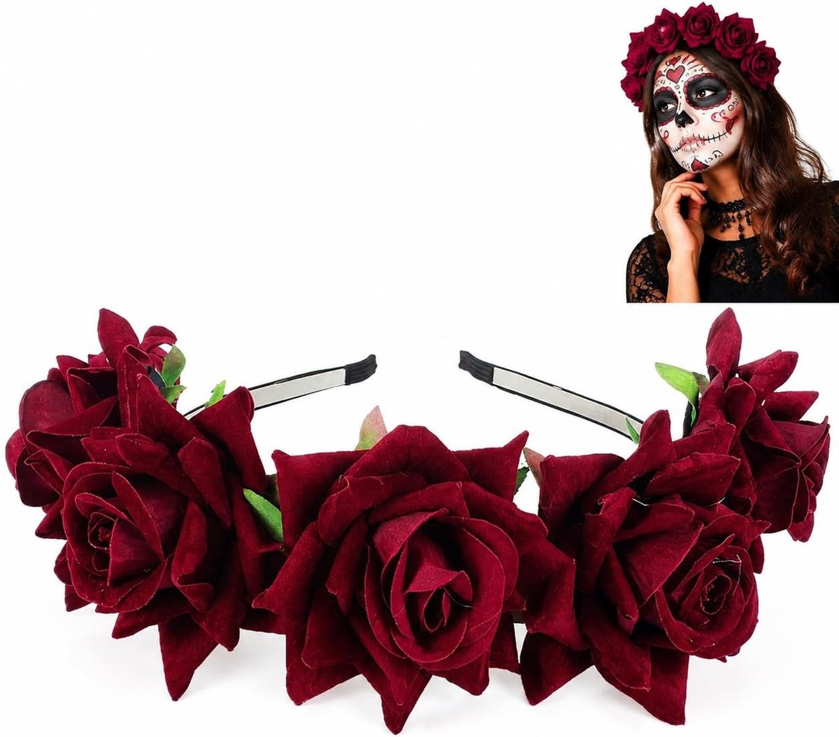 Dia de los Muertos bloemen hoofdband met rozenkroon, festival haaraccessoire voor Halloween en carnaval, set met tijdelijke tattoos en strass stickers