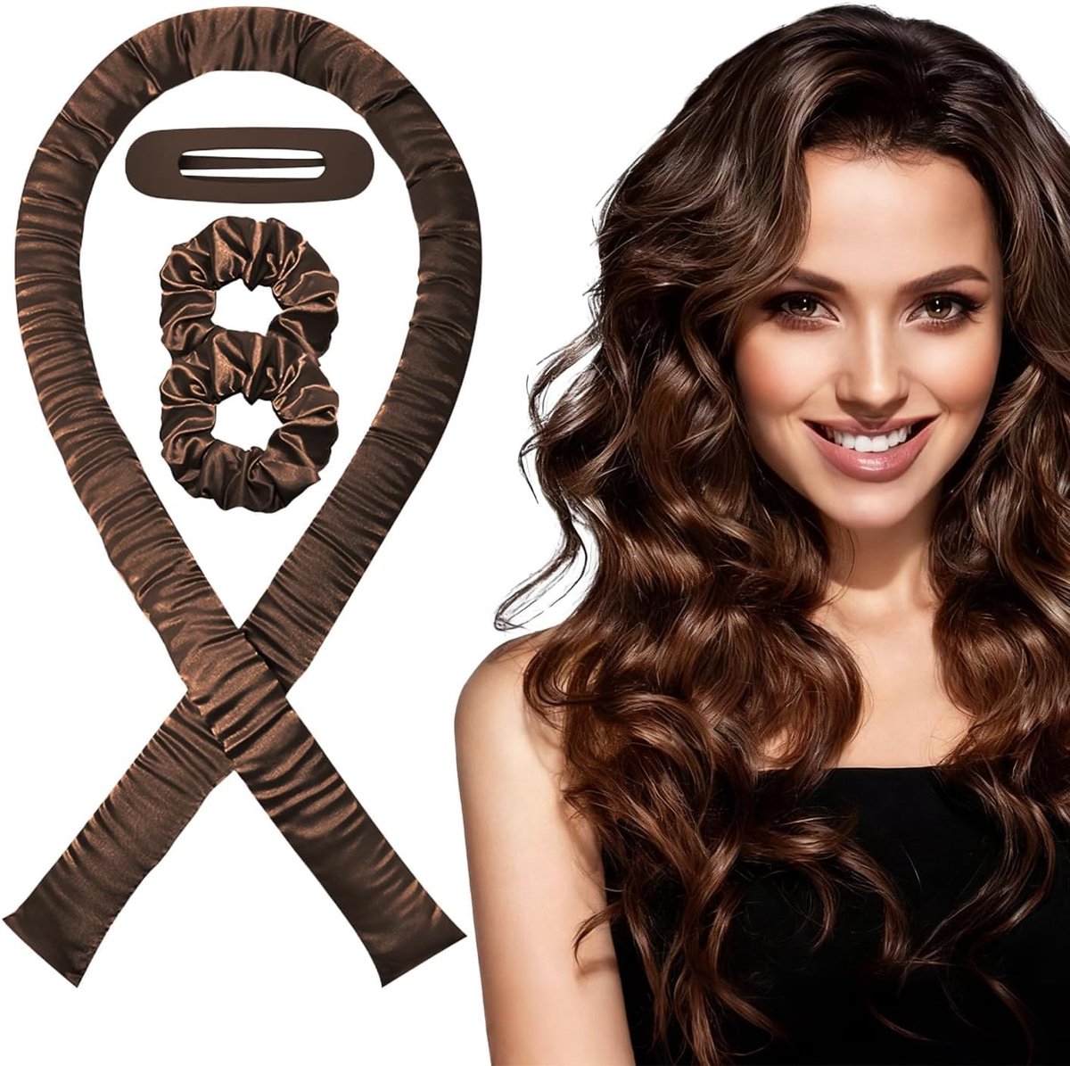Krulset - Geen Hitte Nachtelijke Krulstaaf voor Lang Haar, Volumineuze Krullen Styling Tools met Clips voor Vrouwen (Bruin)