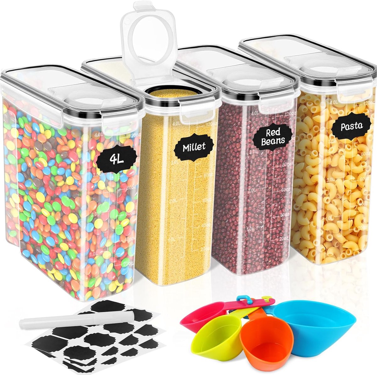 Set van 4 liter voorraaddozen, muesli, luchtdicht, BPA-vrij kunststof, 24 etiketten