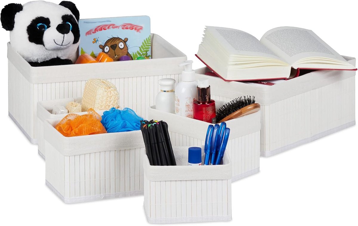 Opbergmand bamboe set van 6, met stoffen hoes, rechthoekig, voor woonkamer, badkamer, etc., in het wit