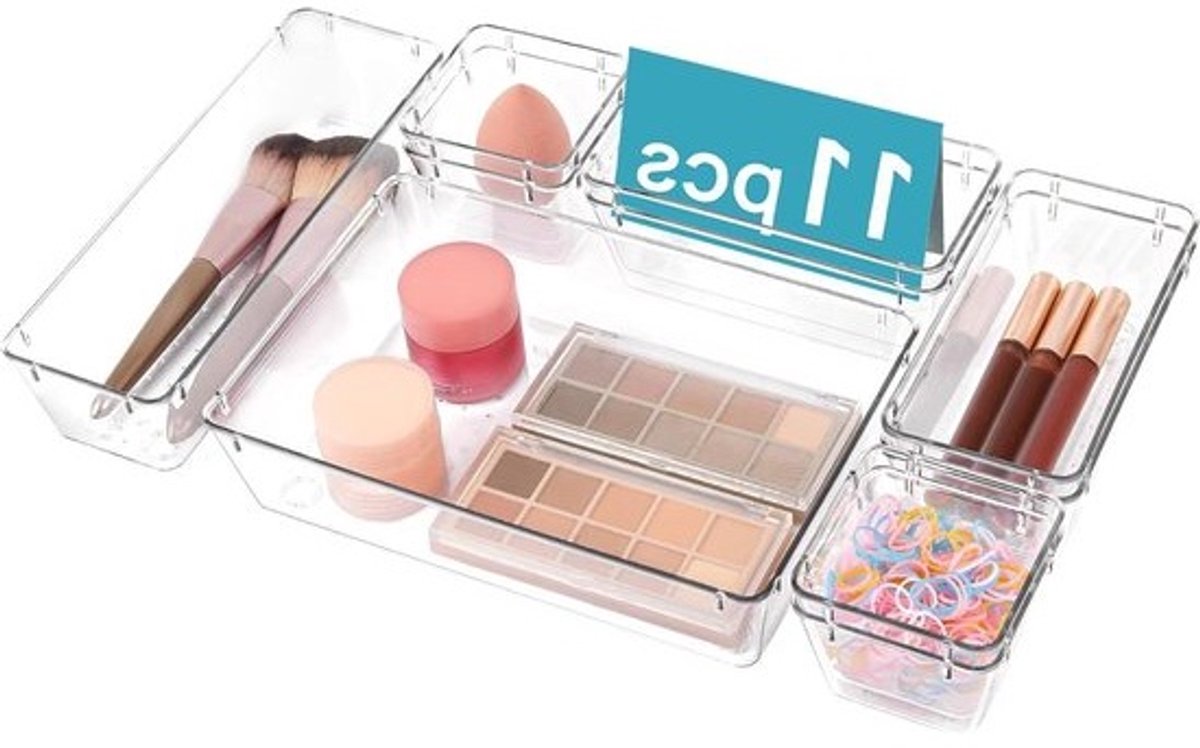 11-delige set keukenlade-organizers - transparante plastic opbergbakken voor make-up, slaapkamer, keukengadgets