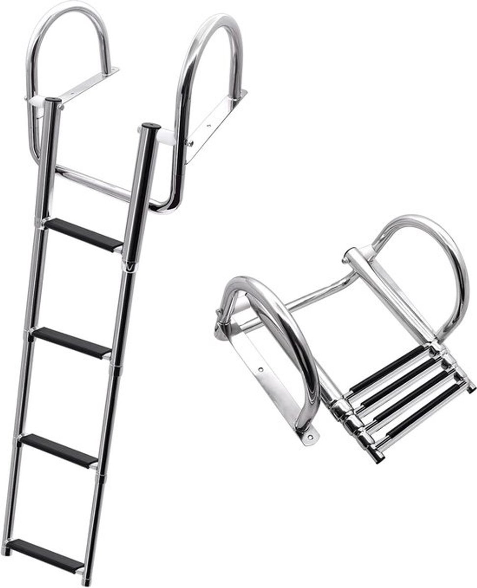 Allecto Plus - Zwembadladder 4 treden van roestvrij staal inklapbaar met brede leuningen en sporten - Draagvermogen 227 kg - Voor zwembaddek en boot