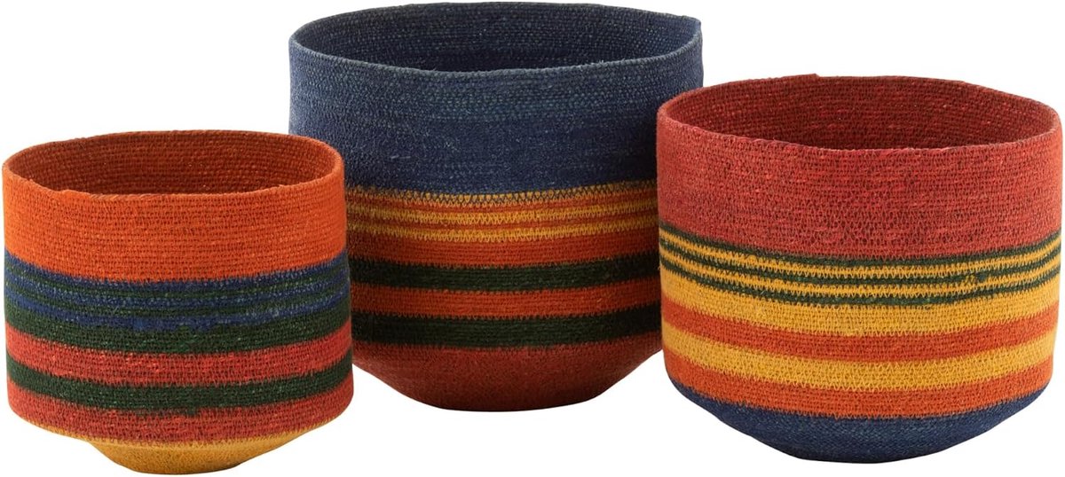 Set Van 3 Mand Rond Met Kleine Voet+Strepen Zeegras Mix
