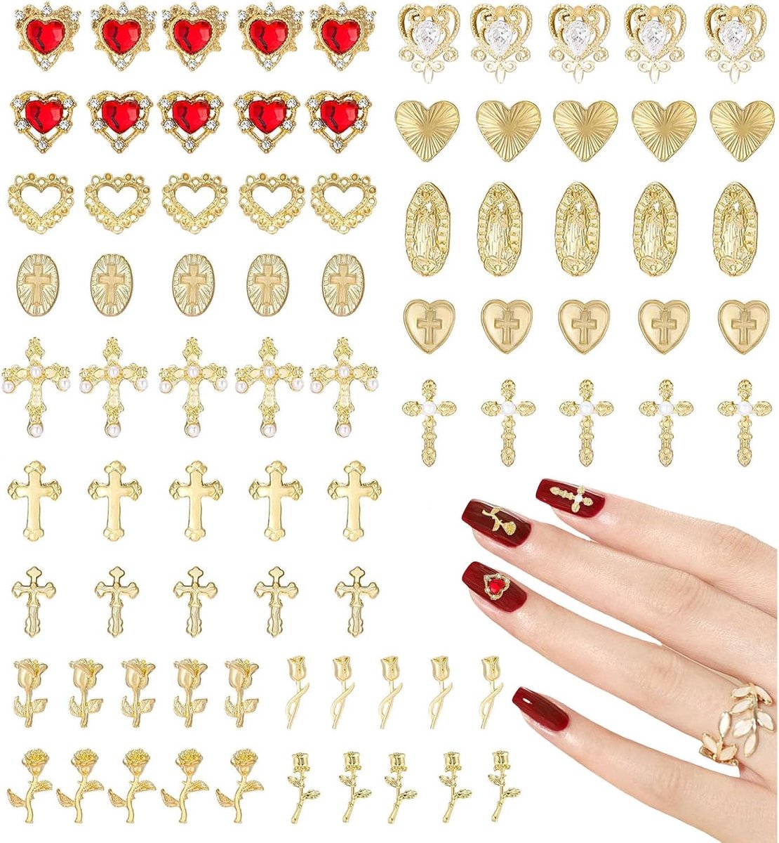 Nagelbedels, 80 stuks kruis, roos, hart, Virgin Mary nageledelstenen en bedels, metaallegering nagelaccessoires voor manicure-ontwerp, decoraties, doe-het-zelf ambachten (goud A)