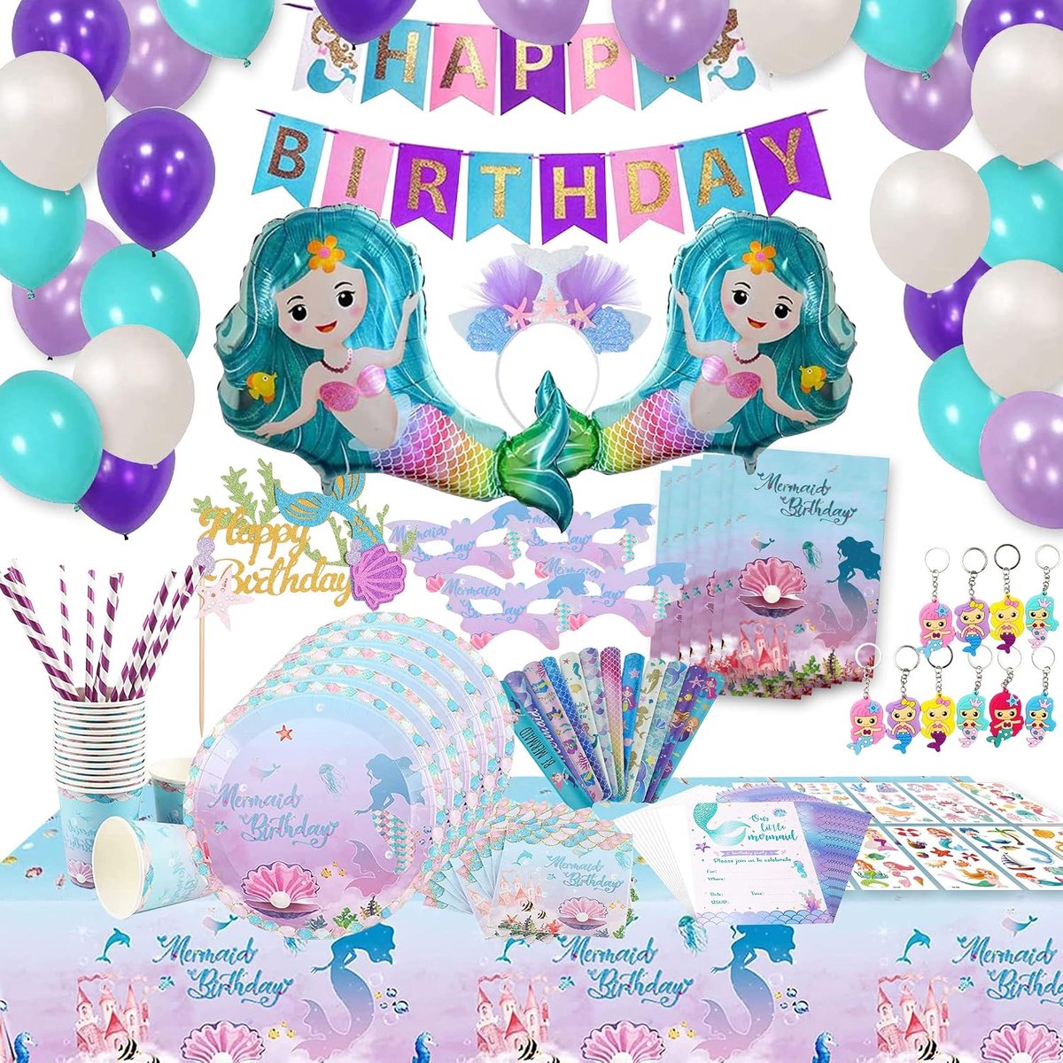 Zeemeermin-verjaardagsfeestdecoraties, zeemeerminballonnen, papieren borden, bekers en servetten, tafelkleed, verjaardagsbanner voor kinderverjaardagsfeestbenodigdheden