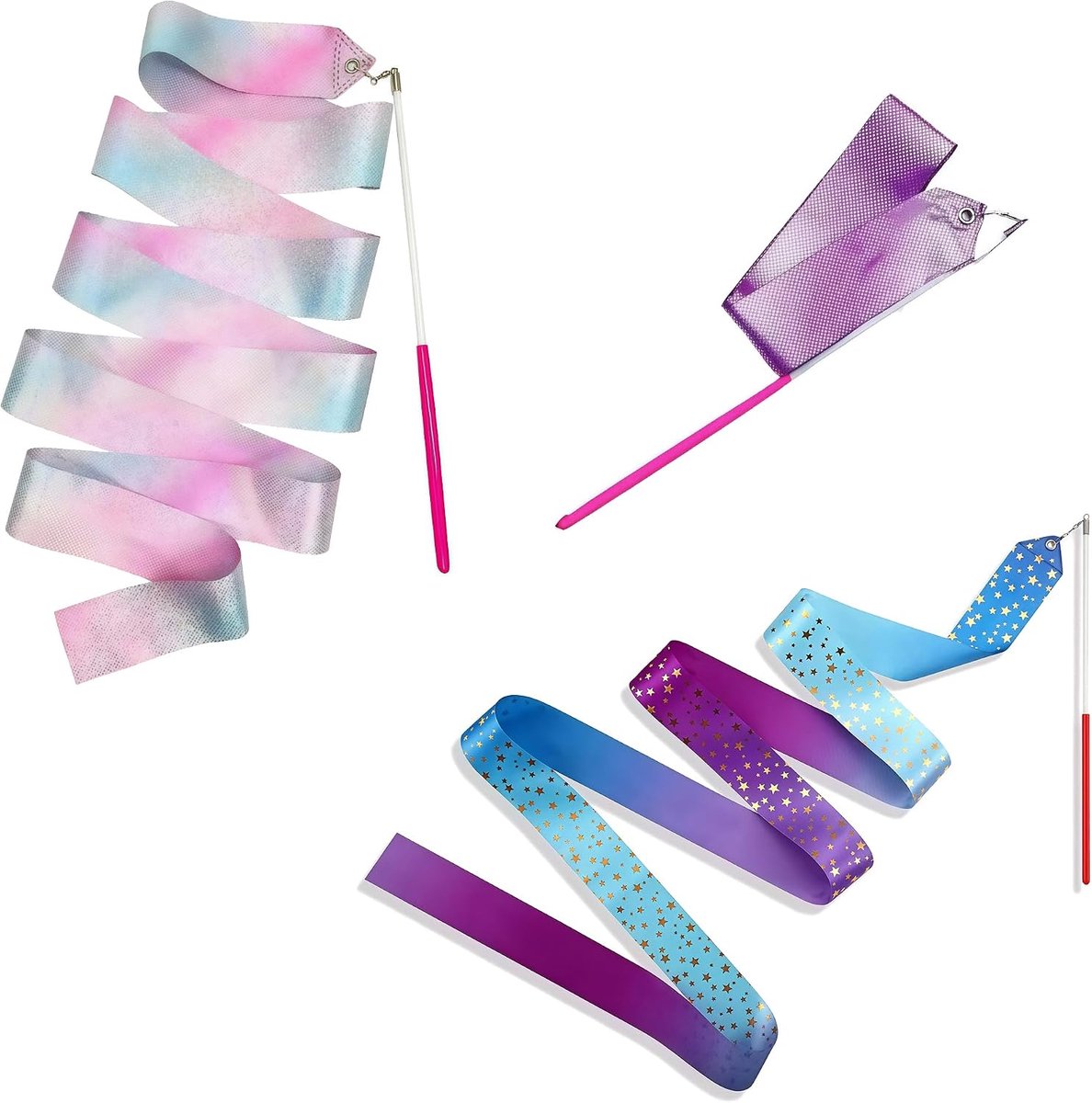 Set van 3 Danstrikken met Handvat, Satijnen Gymnastiekband voor Ritmische Gymnastiek, Turnen Meisjes