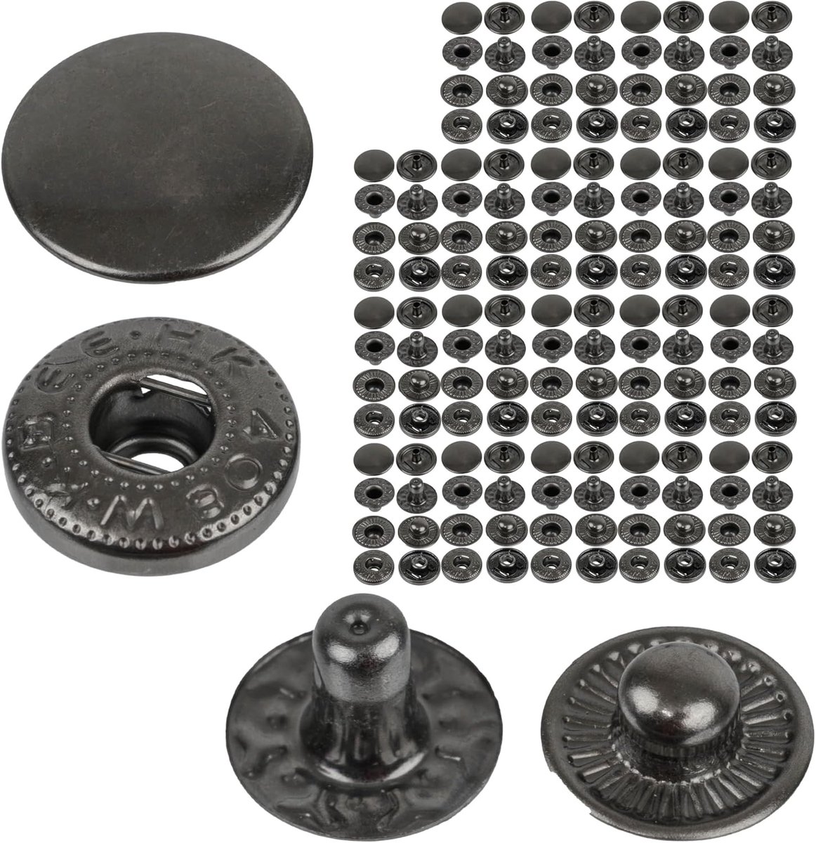 Knopen, diameter 10 mm, 20 paar, zwart/grijs, set zonder gereedschap, doe-het-zelf stoffen clips, drukknop met ringveersluiting, reparatie-metalen knoppen, vervangende knop