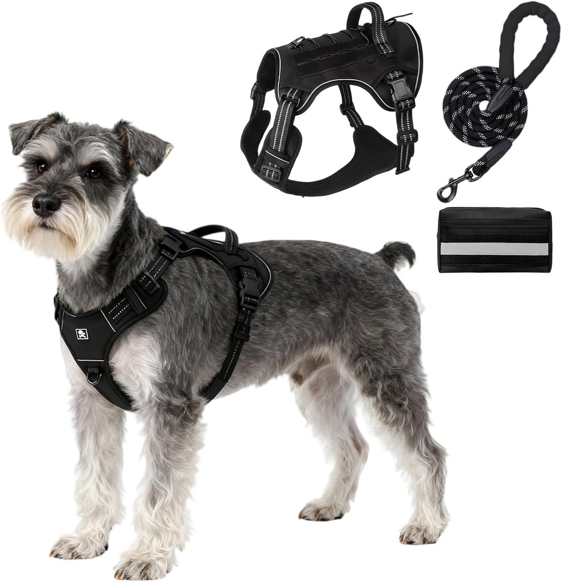 Zachte, Gevoerde Hondenharnas met Leash en Tactisch Pakket voor Grote, Middelgrote en Kleine Honden, Ideaal voor Wandelen en Training, Zwart, M