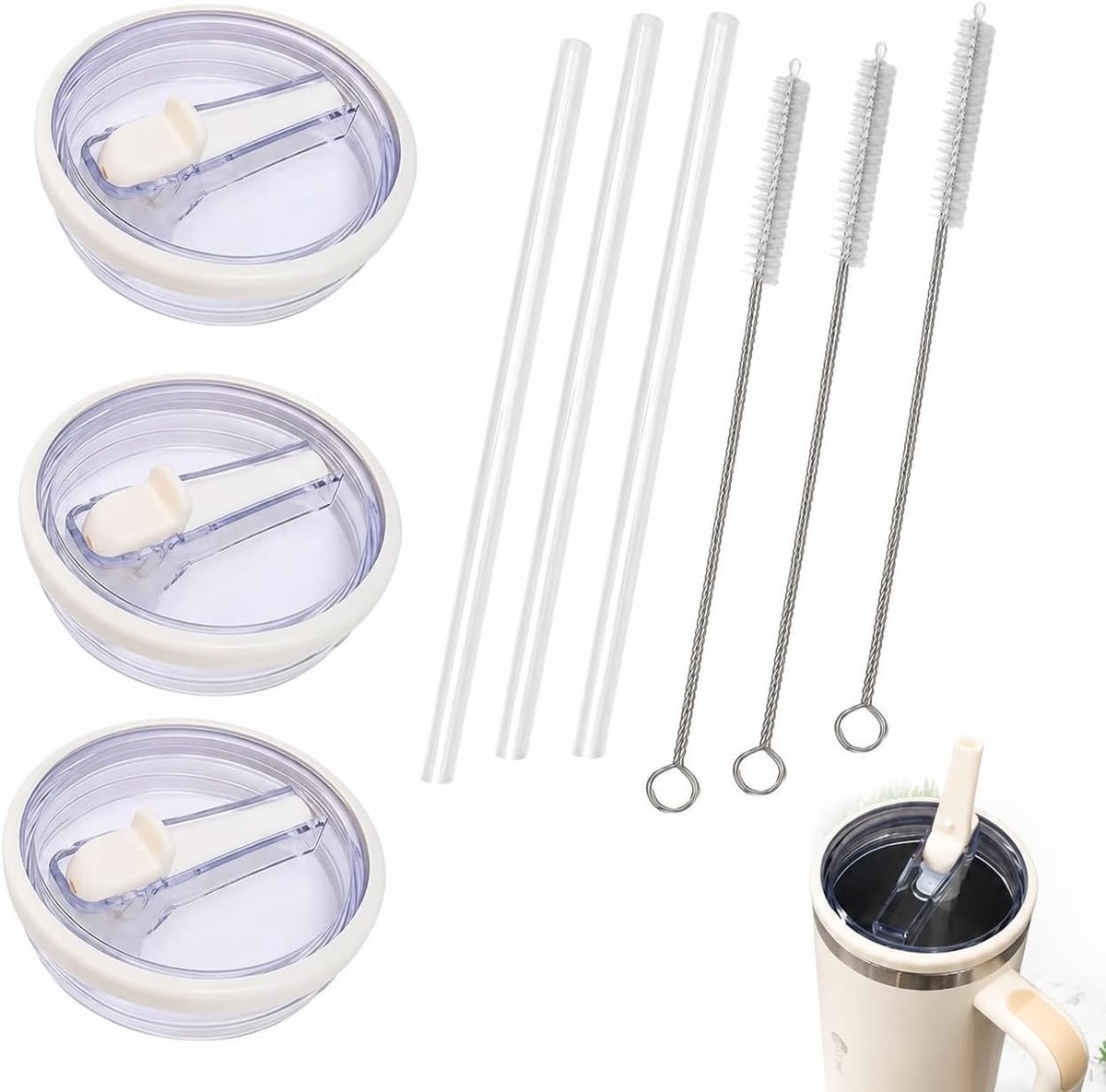 Set van 3 Waterdichte Bekerdeksels met Transparante Rietjes – BPA-vrij, Voedselveilig, Duurzaam en Lekvrij – Geschikt voor 40 oz Bekers, Ideaal voor Reizen en Dagelijks Gebruik