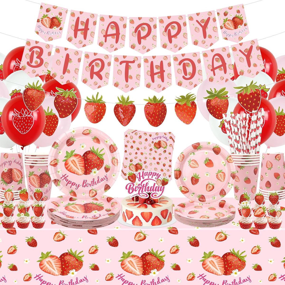 Verjaardag Feest Decoraties - aardbeienfeestaccessoires inclusief banner, bord, taarttopper, mok, servet, ballon, tafelkleed - serveert 20 (L)