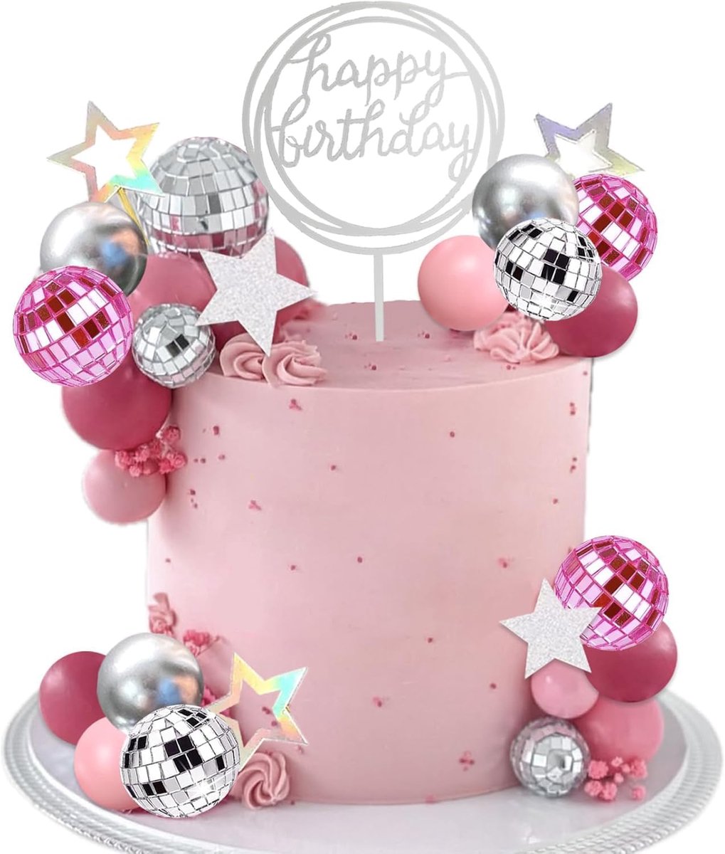 38 stuks discoballen, taartdecoratie, roze, taartdecoratie, disco Happy Birthday, taarttopper, taartdecoratie, sterren, ballen voor verjaardagsfeest, discoparty