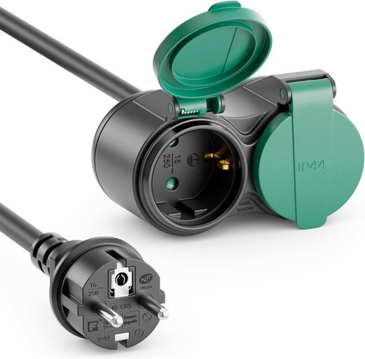 3,0m Outdoor Verlengkabel Stroomkabel IP44 (H07RN-F 3G1.5mm²) Stroom Verlenging Weerbestendige Rubberkabel voor Buitengebruik - Beschermcontact Stekker naar 2x Bus - Zwart