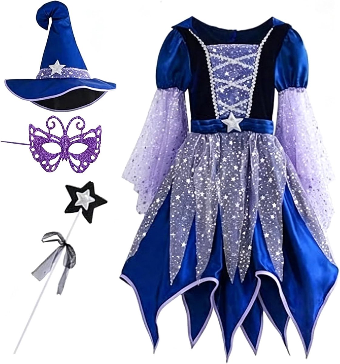 Halloween heksenkostuum voor meisjes, heksenjurk met snoepzakje, hoed en toverstaf voor feest en cosplay