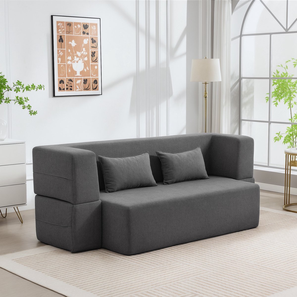 ECTEATOY Slaapbank 2 persoons - 2-zitsbank met Brede armleuningen - 2 kussens - Uitschuifbaar - Chenille - 203cm - Grijs