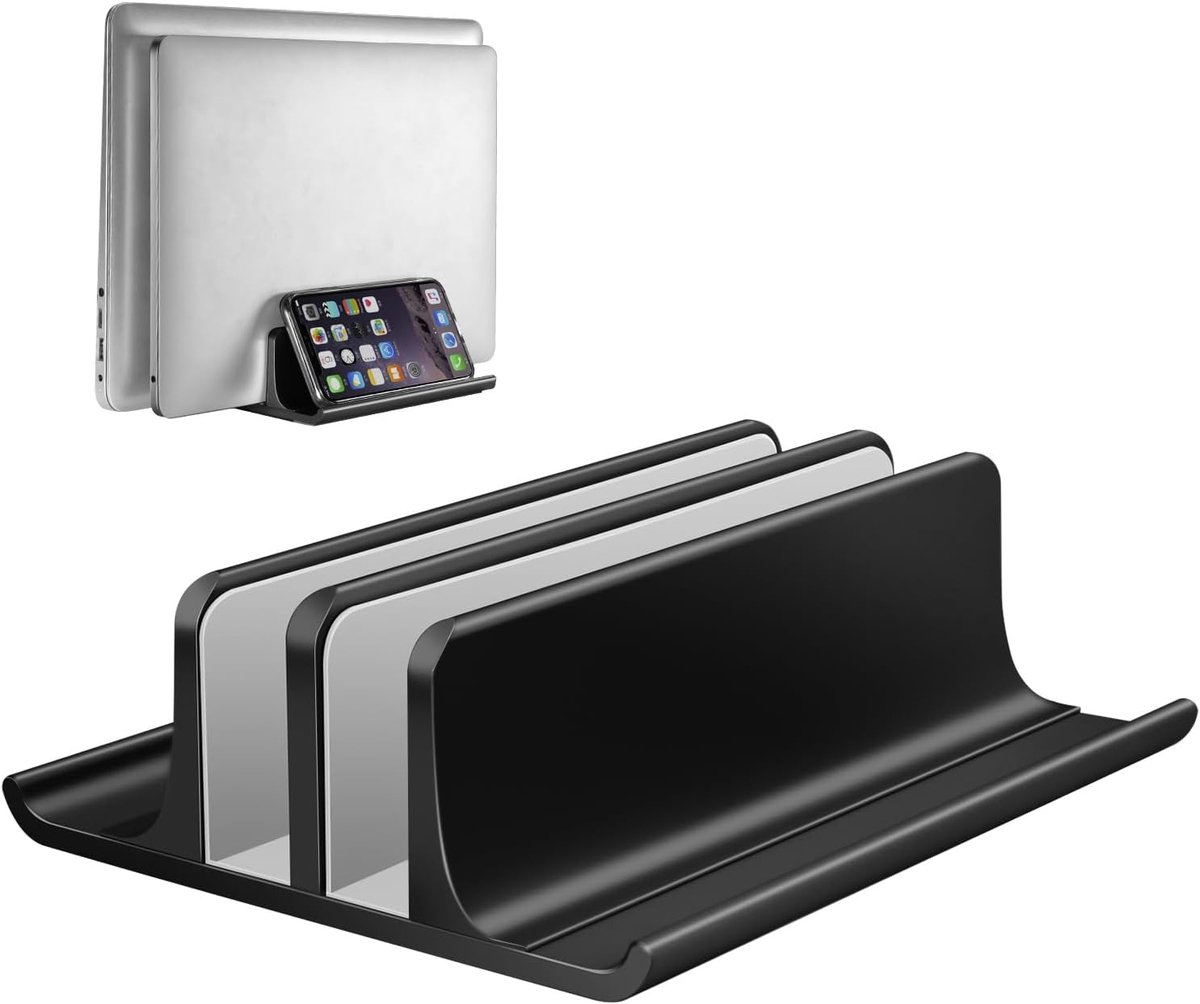 Verstelbare Verticale Laptopstandaard - Aluminium Met 2 Sleuven, Ruimtebesparend voor MacBook, Notebook, iPad, Laptops Tot 17,3 Inch - Zwart