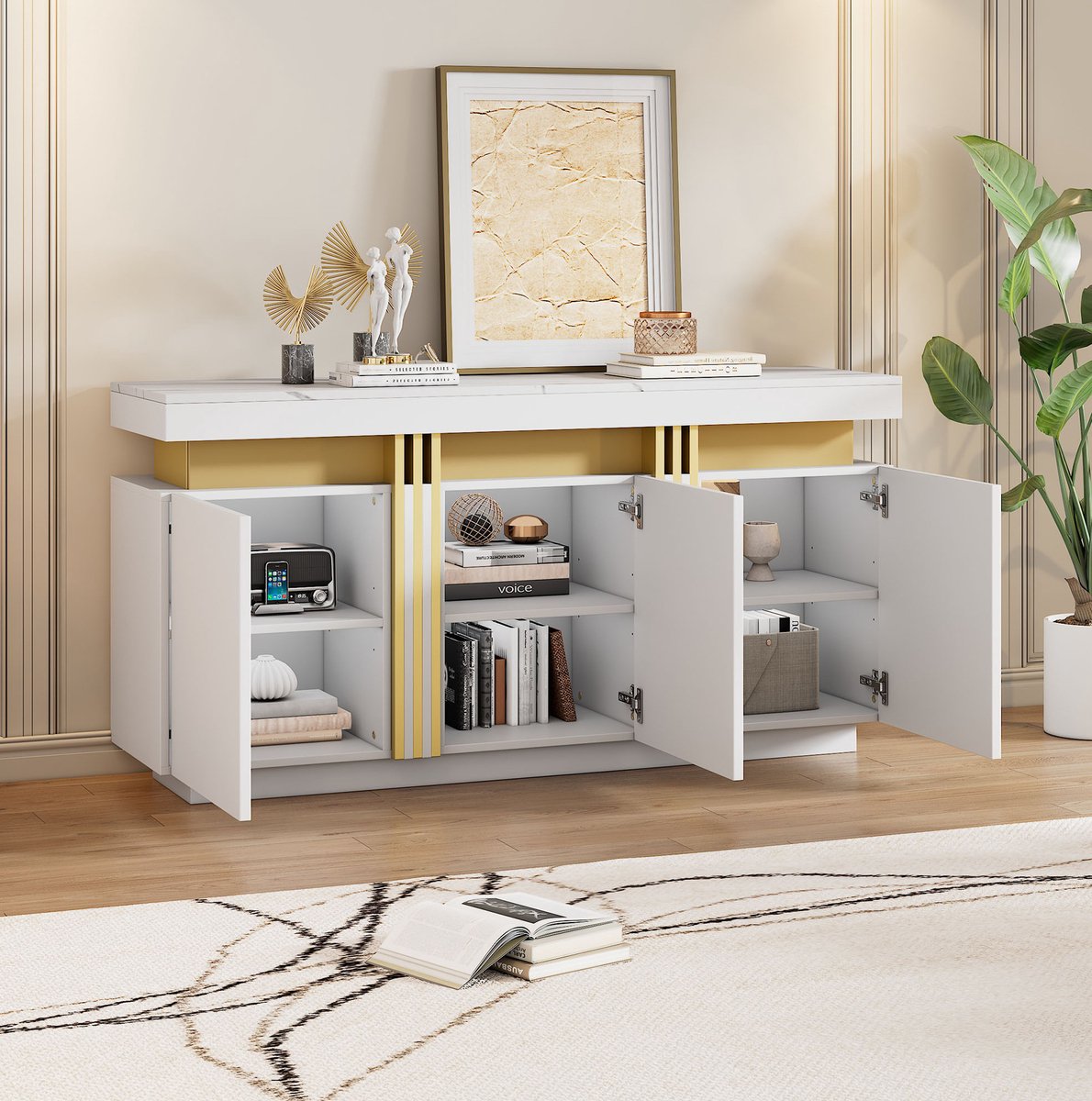 MEUNIQ Dressoir 140 x 38 x 70 cm met 3 deuren, 6 vakken en verstelbare planken - witte opbergkast voor woonkamer, hal of kantoor