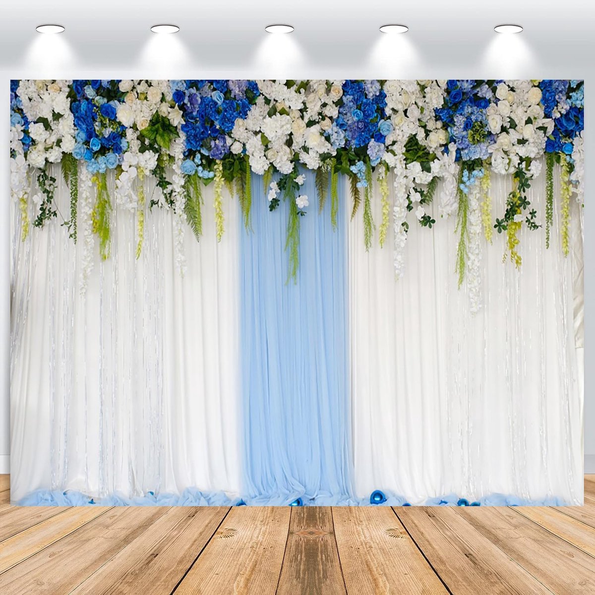 Achtergrond, 3 x 2,5 m, blauw, wit, bloemen, gordijn, fotowand, achtergrond, vinyl fotobox, achtergrond voor bruiloft, verjaardag, bruidsdouche, feest, portretfotostudio's,