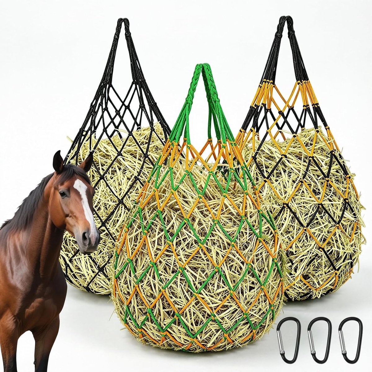 3 stuks hooinet voor paarden, fijnmazig, 90 × 80 cm, fijnmazig hooinet, ronde bal hooizak voor paarden met 3 karabijnhaken, 6 cm net, hooitas voor paard voor stal, weide/paardenaanhanger