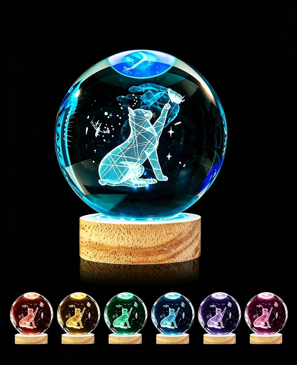 3D nachtlampje in de vorm van een kat in de vorm van een kristallen bal, cadeau voor vrouwen, kattenfiguren van 8 cm, glazen bal in 7 kleuren, kattengerelateerde geschenken met lichtgevende houten