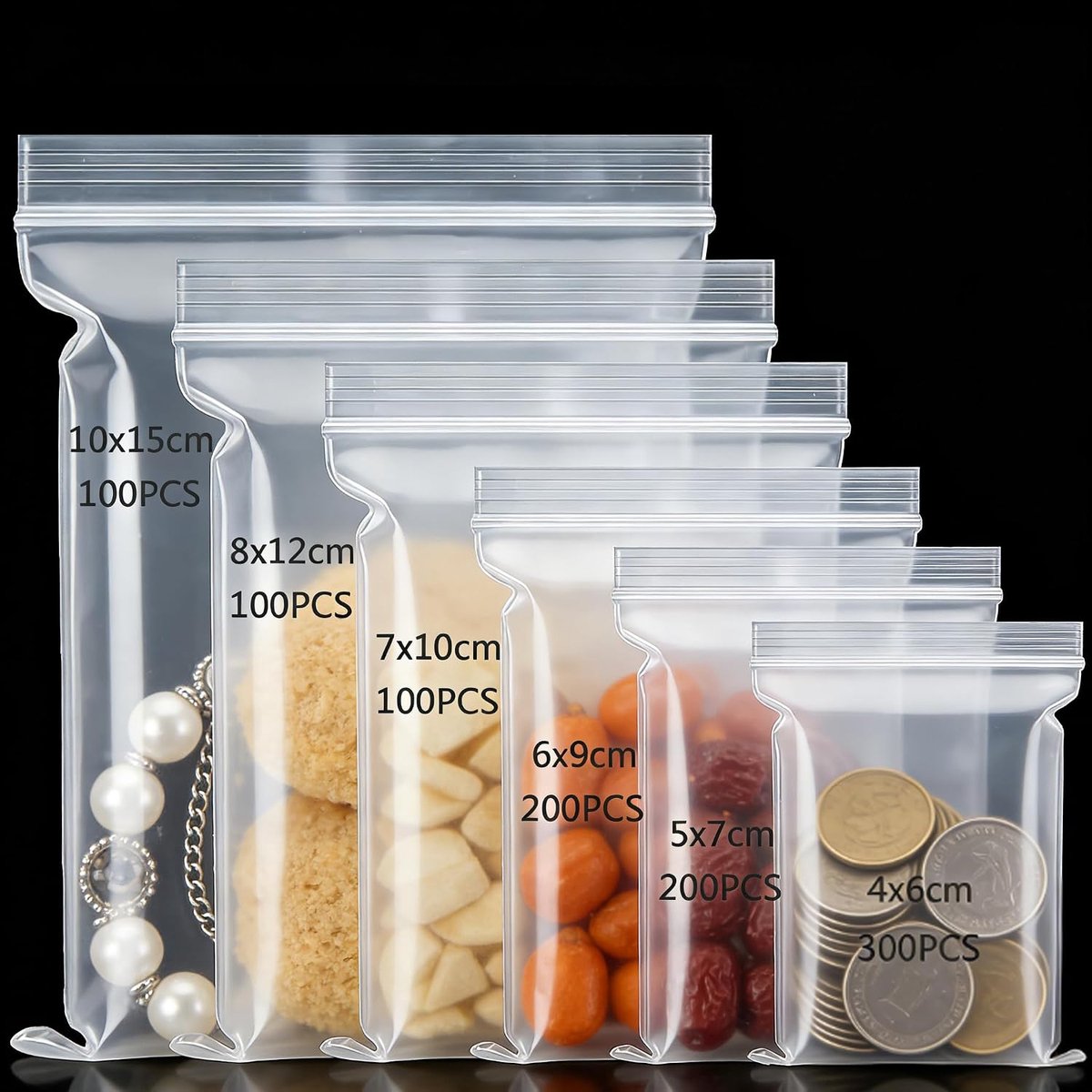 Zakjes met druksluiting, 6 maten, hersluitbare doorzichtige plastic zakjes, kleine sluitzakjes, 1000 stuks