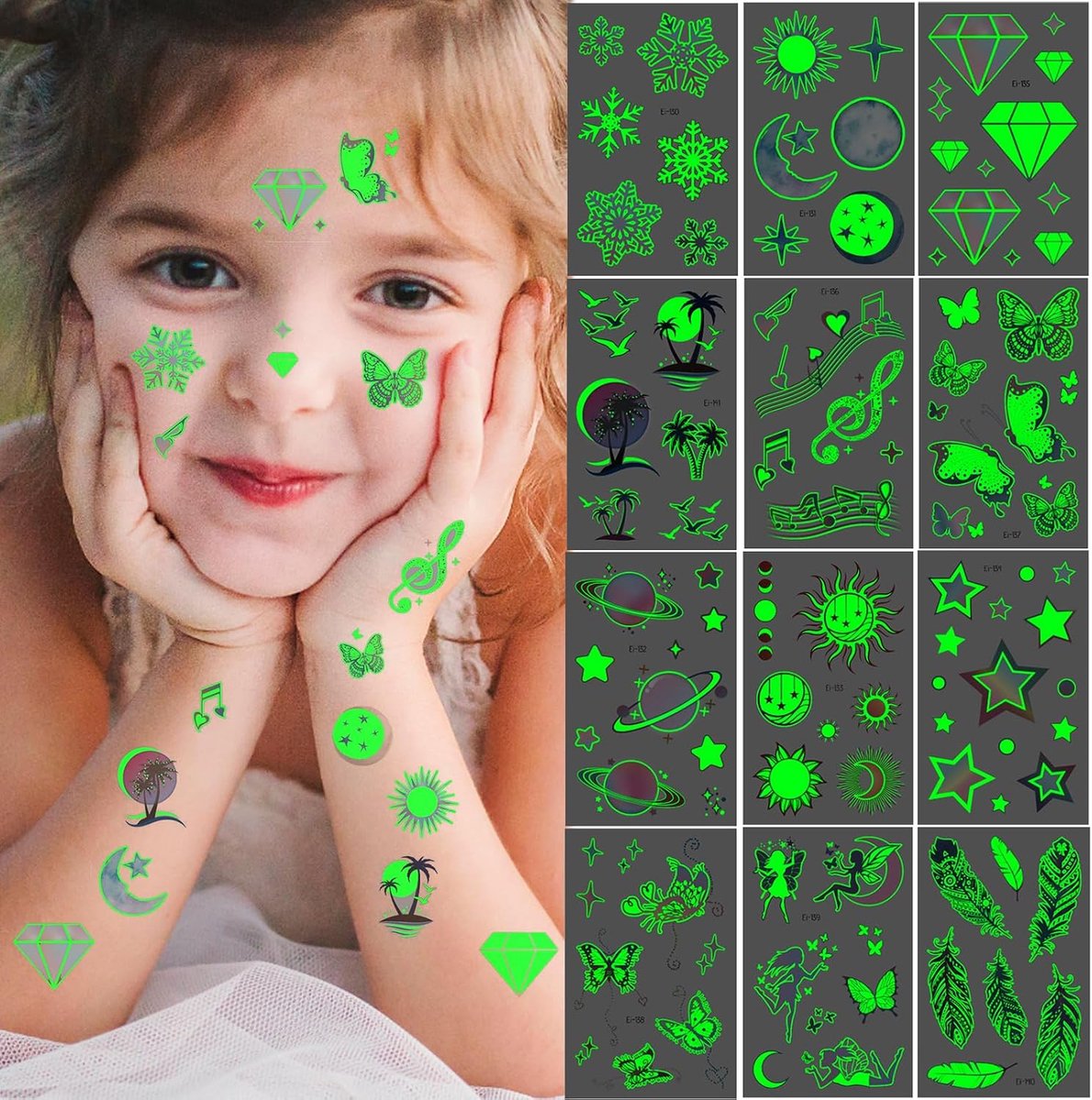 12 vellen met kindertatoeages, glow-in-the-dark tatoeages voor kinderen, huidvriendelijke tijdelijke tatoeages voor kinderen, tatoeage-cadeautjes voor jongens en meisjes