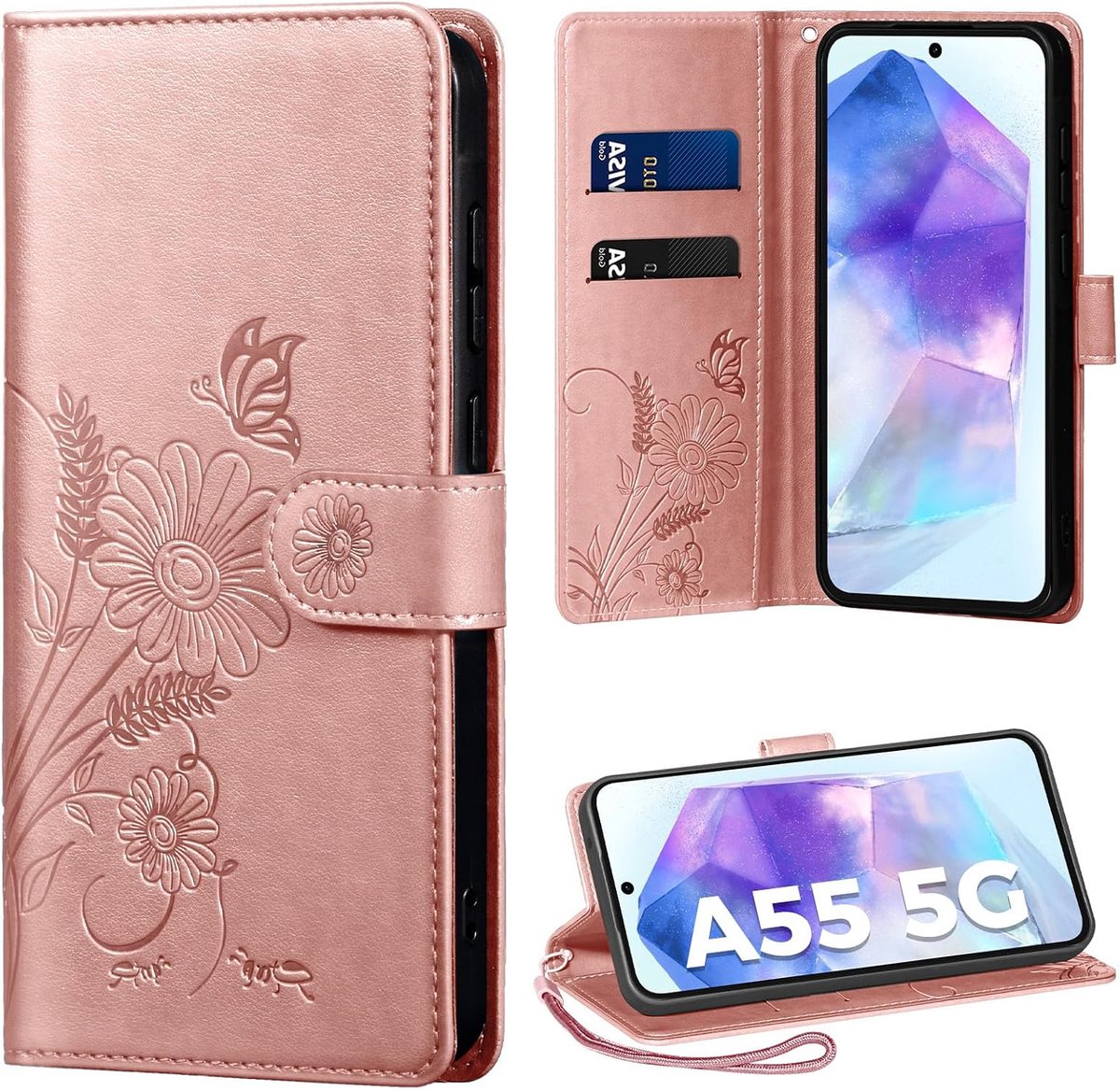 Telefoonhoesje voor Samsung Galaxy A55 4G/5G, hoes voor Galaxy A55 5G, PU-leren hoes, flip case, kaartsleuven, beschermhoes, klaphoes, compatibel met Samsung A55, roze