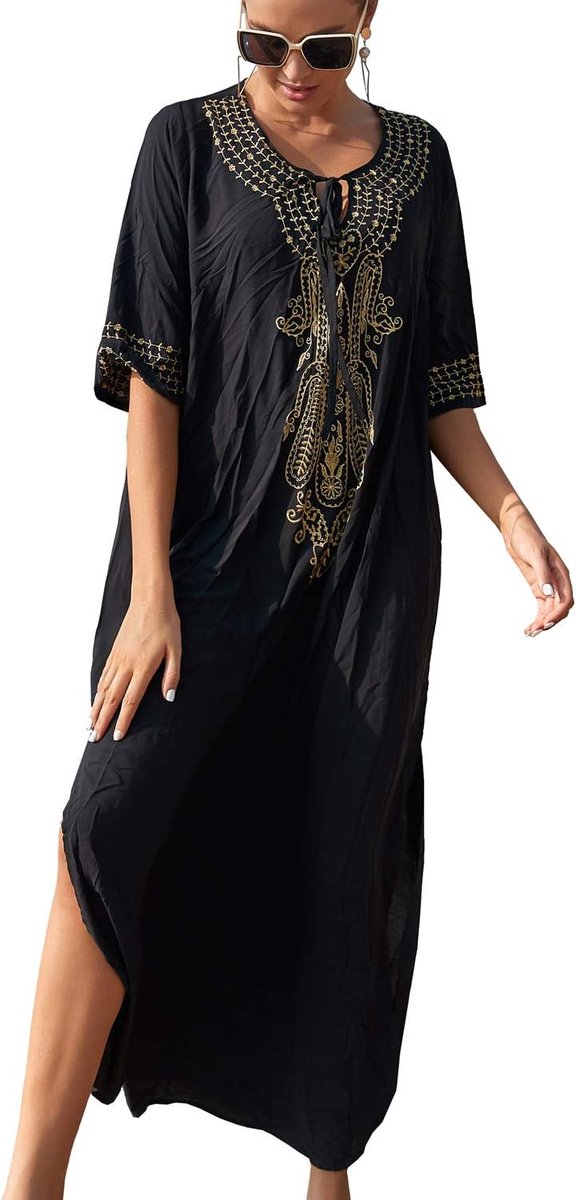 Katoen Geborduurd Bloemen Losse Caftan Boho Strand Bikini Cover-up Jurk Plus Size Gewaad voor Vrouwen